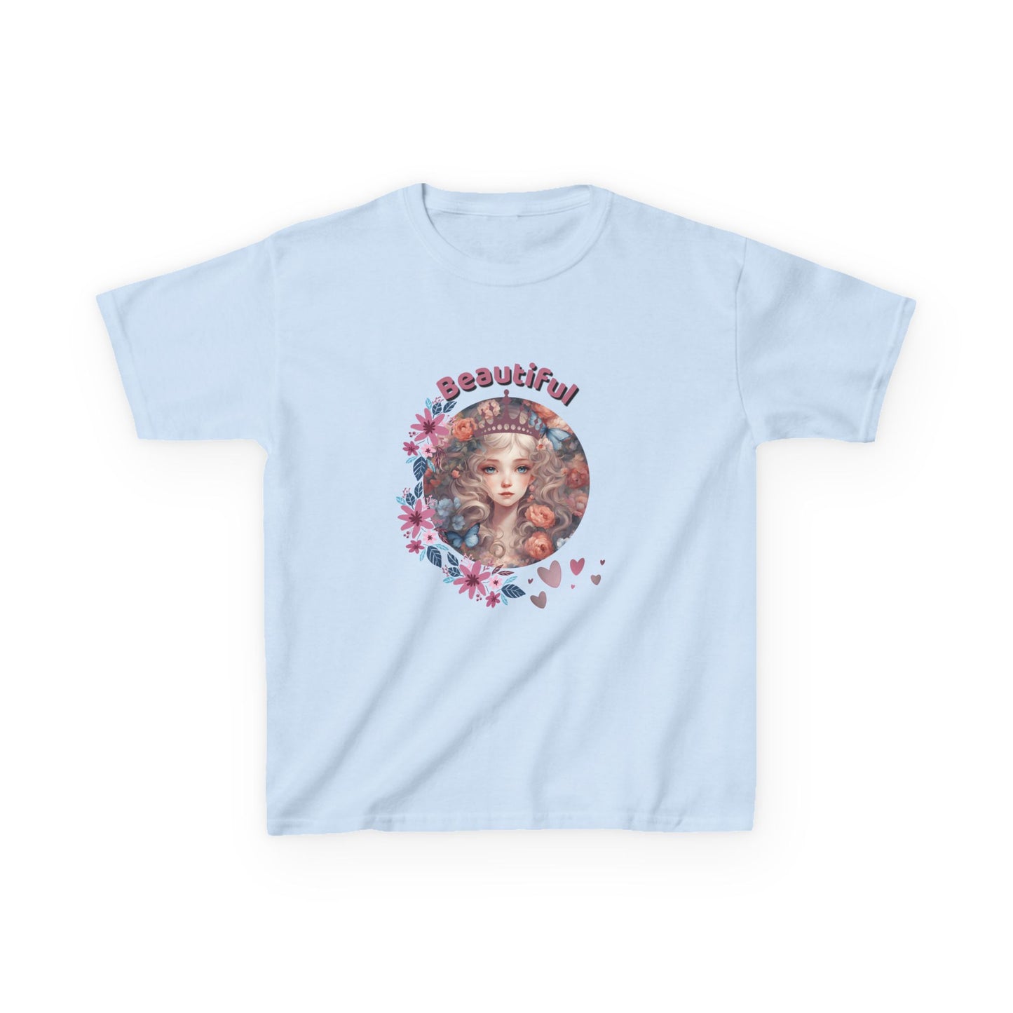 Light blue t-shirt with a graphic design of a woman's face surrounded by flowers and the word 'Beautiful'.