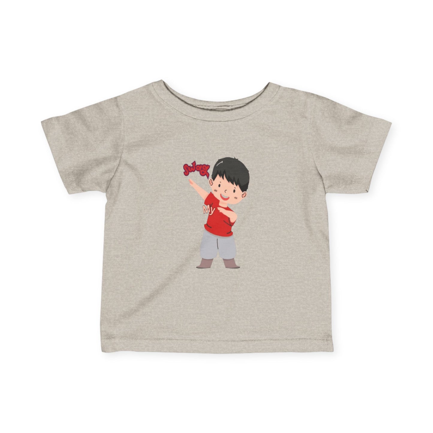 Baby wearing natural heather fine jersey tee with soft cotton fabric

