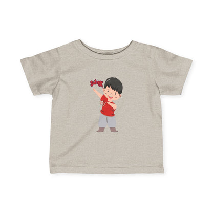 Baby wearing natural heather fine jersey tee with soft cotton fabric


