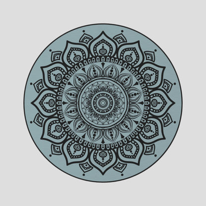 an elegant blue round with bllack mandala design rug 