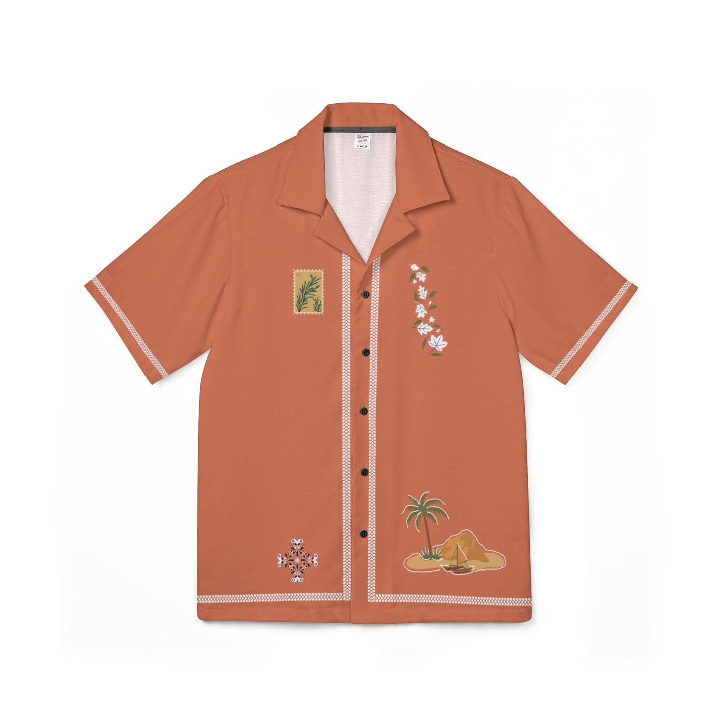 Orange shirt with tropical designs on a white background