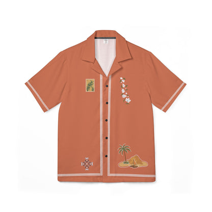Orange shirt with tropical designs on a white background