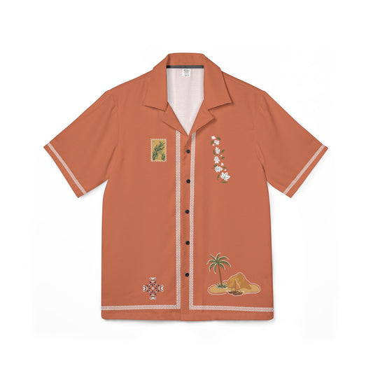 Orange shirt with tropical designs on a white background
