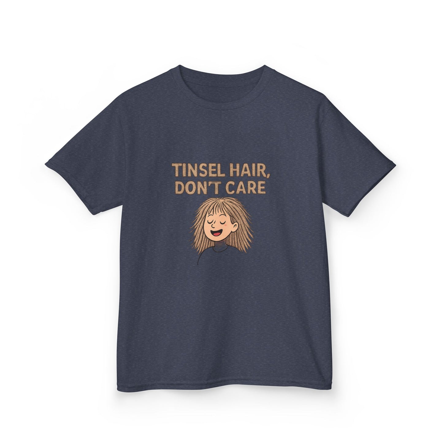Navy blue t-shirt with 'Tinsel Hair, Don't Care' text and cartoon girl on a white background