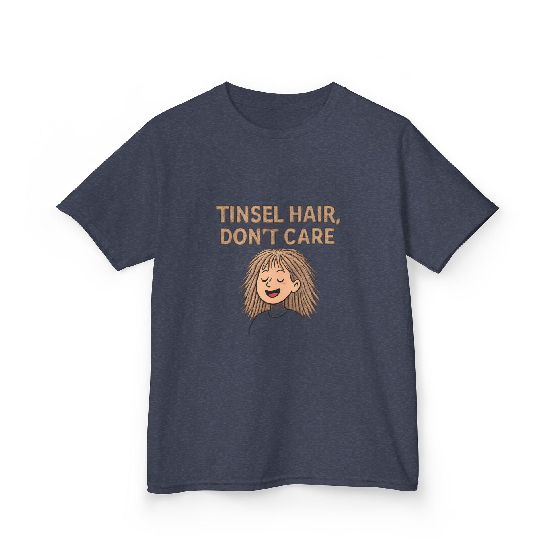 Navy blue t-shirt with 'Tinsel Hair, Don't Care' text and cartoon girl on a white background