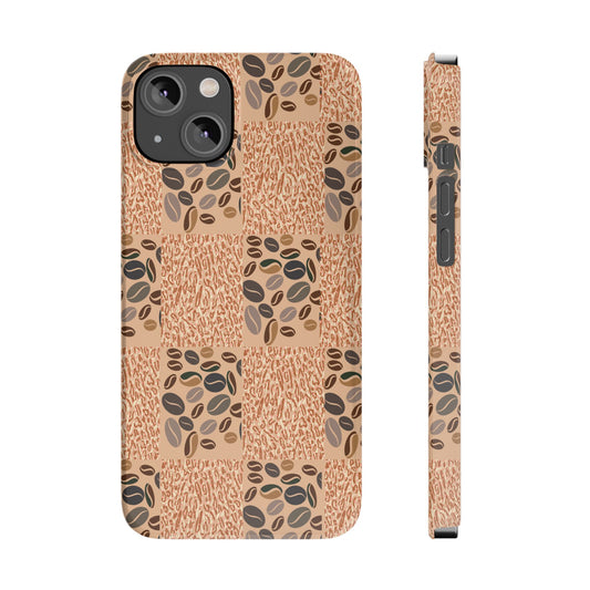 A mobile phone case with a geometric pattern featuring coffee beans on a beige background, designed for iPhone 16 series models.