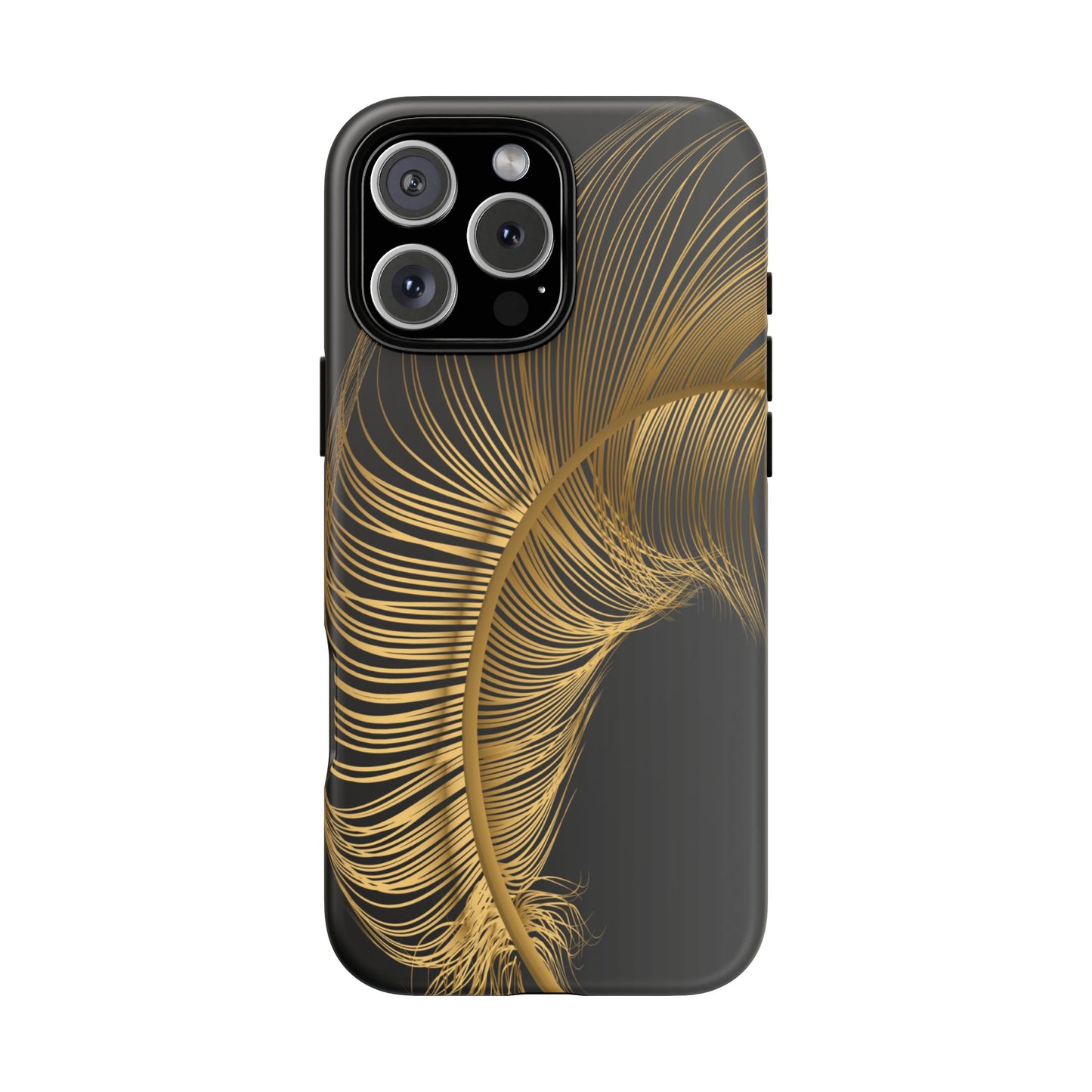 matte black i phone 16 pro max with golden feather design -stylish and durable