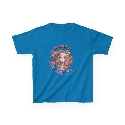 Blue t-shirt with a colorful graphic and 'Beautiful' text on a white background