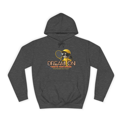 A charcoal hunisex hoodie with a graphic print of a bee and the text 'DREAM ON' on the front