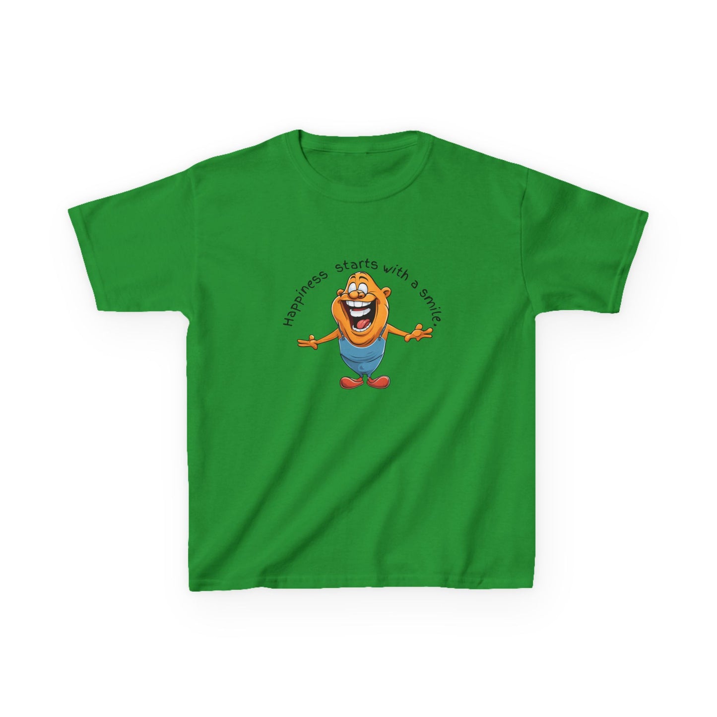 Kids cotton t-shirt with cute cartoon character and “Happiness Starts with a Smile” text