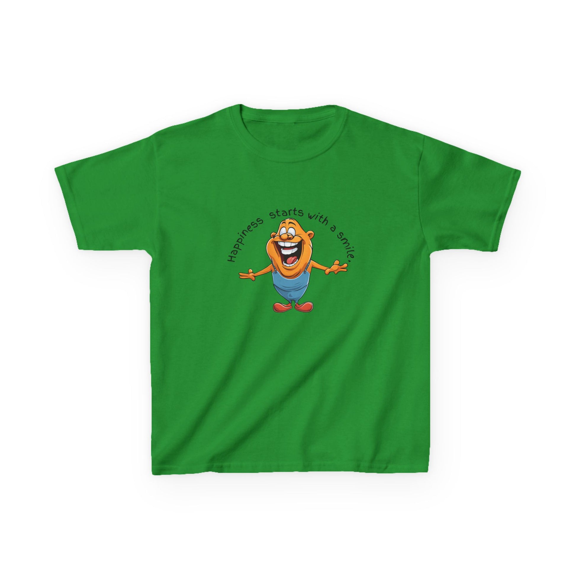 Kids cotton t-shirt with cute cartoon character and “Happiness Starts with a Smile” text