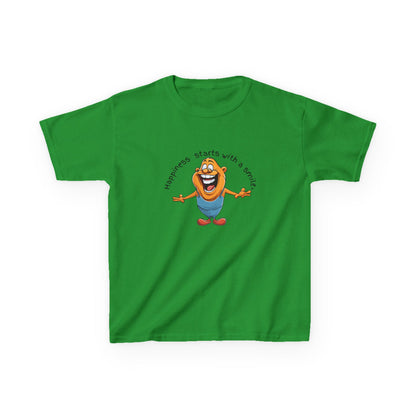 Kids cotton t-shirt with cute cartoon character and “Happiness Starts with a Smile” text