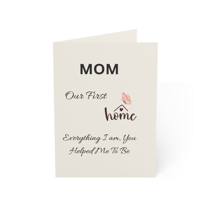 Greeting card for mom with text and a house illustration on a white background