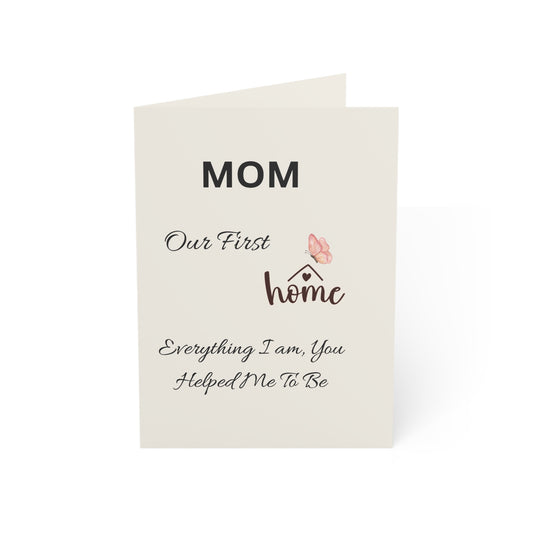 Greeting card for mom with text and a house illustration on a white background