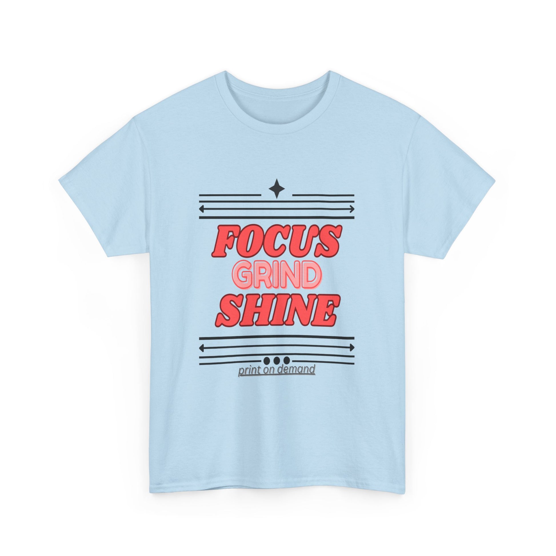 Light blue t-shirt with red and black text on a white background