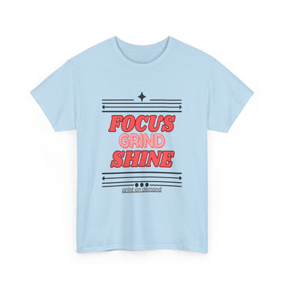 Light blue t-shirt with red and black text on a white background