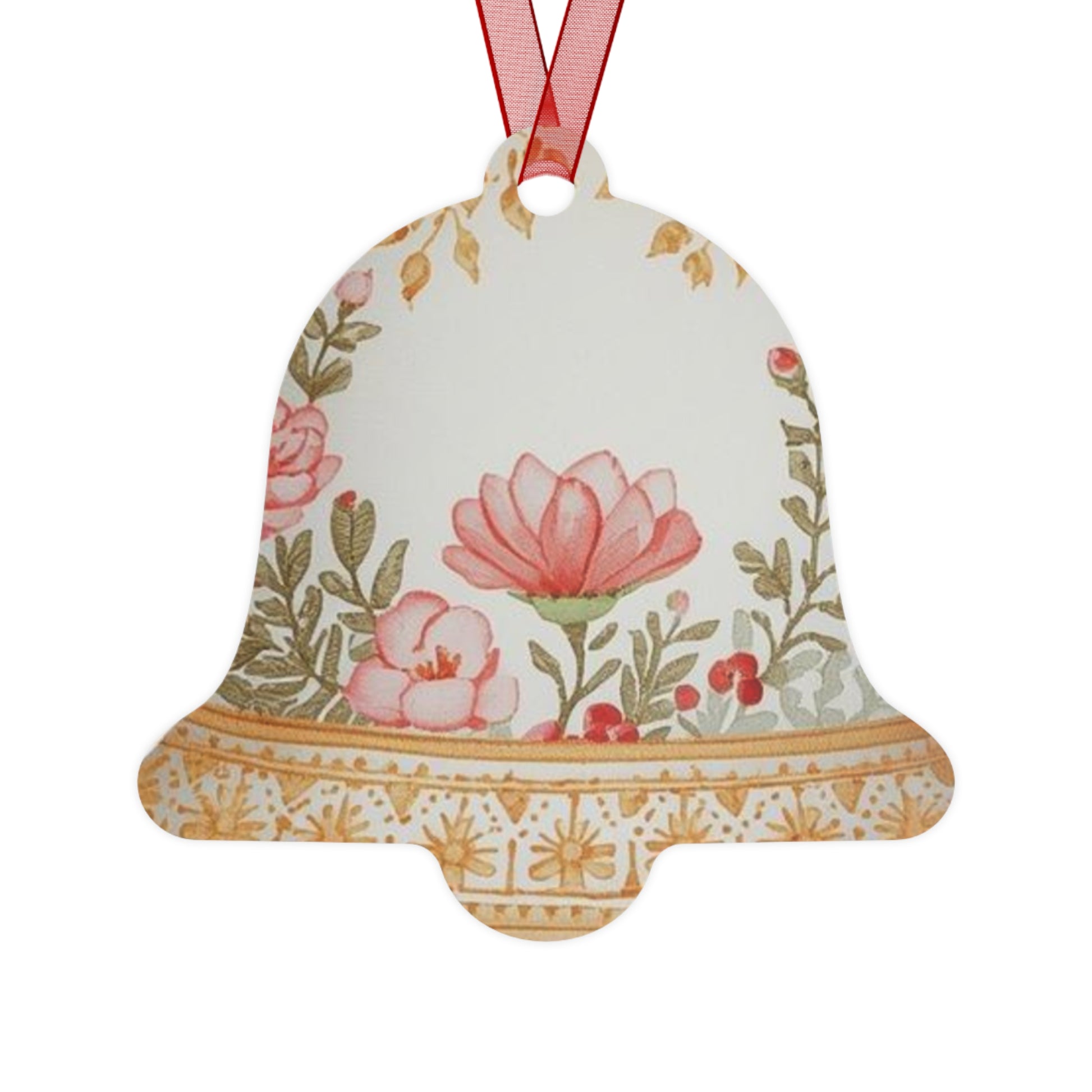 Elegant floral Christmas bell ornament hanging on a festive Christmas tree branch