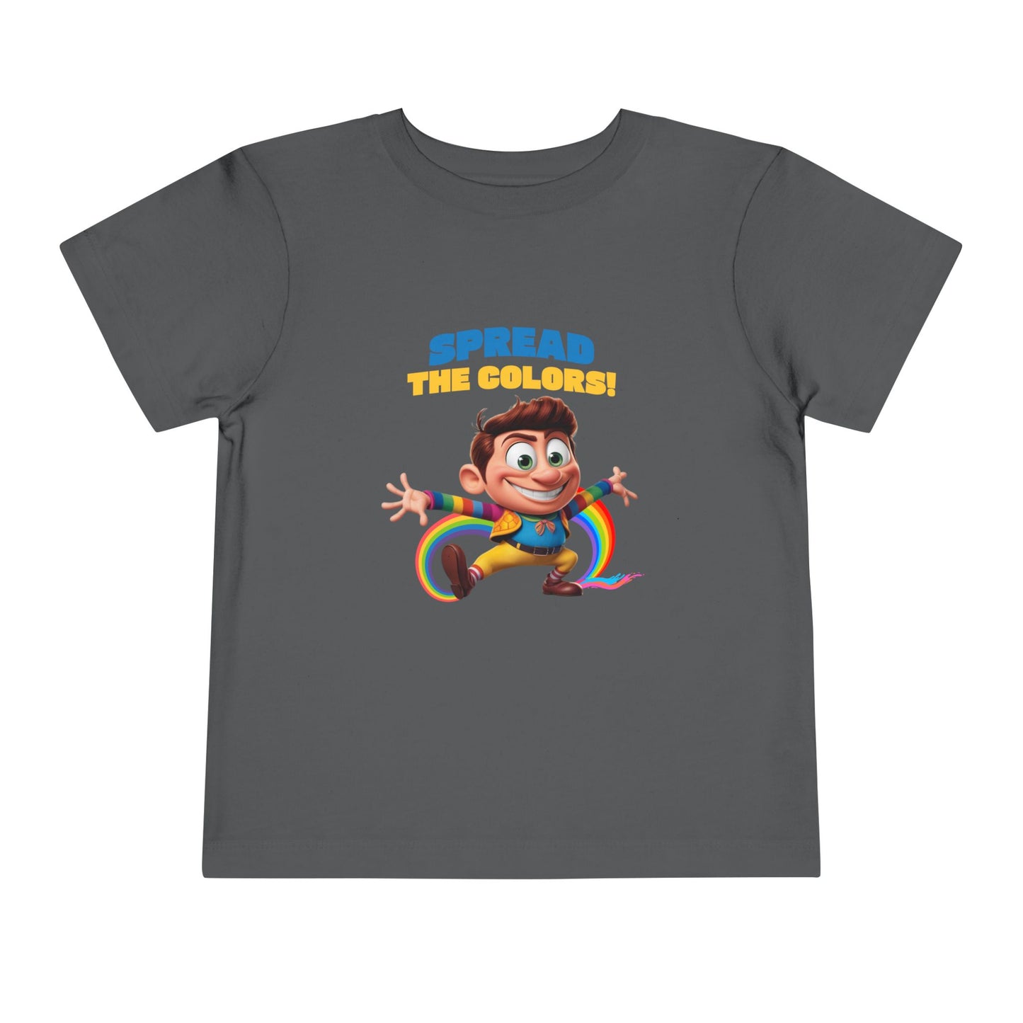 Cartoon boy jumping with rainbow trail and "Spread the Colors!" text on dark heather grey T-shirt.

