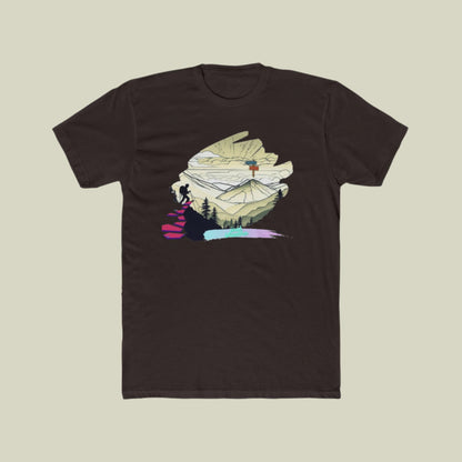 A solid dark chocolate  unisex cotton crew tee with a graphic print in the center featuring a figure and abstract elements.