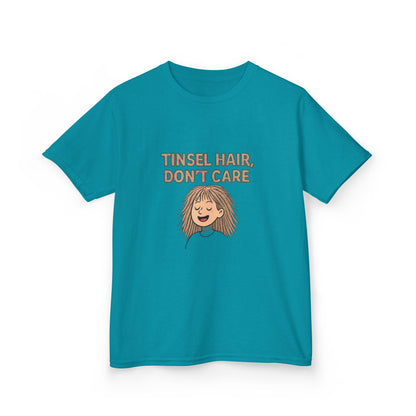 Blue t-shirt with 'Tinsel Hair, Don't Care' text and cartoon character on a white background
