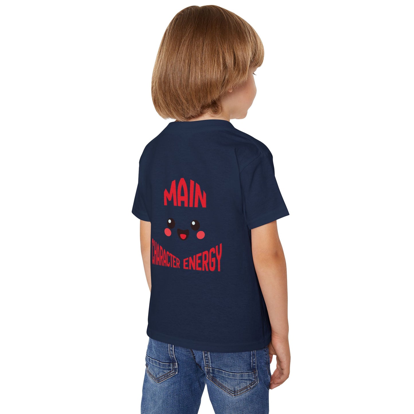 Kawaii smiley face with curved text Main Character Energy on the back of a baby t-shirt."