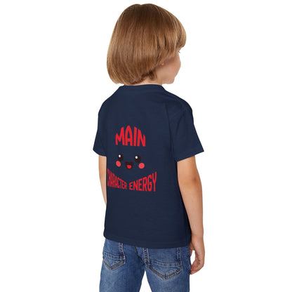 Kawaii smiley face with curved text Main Character Energy on the back of a baby t-shirt."