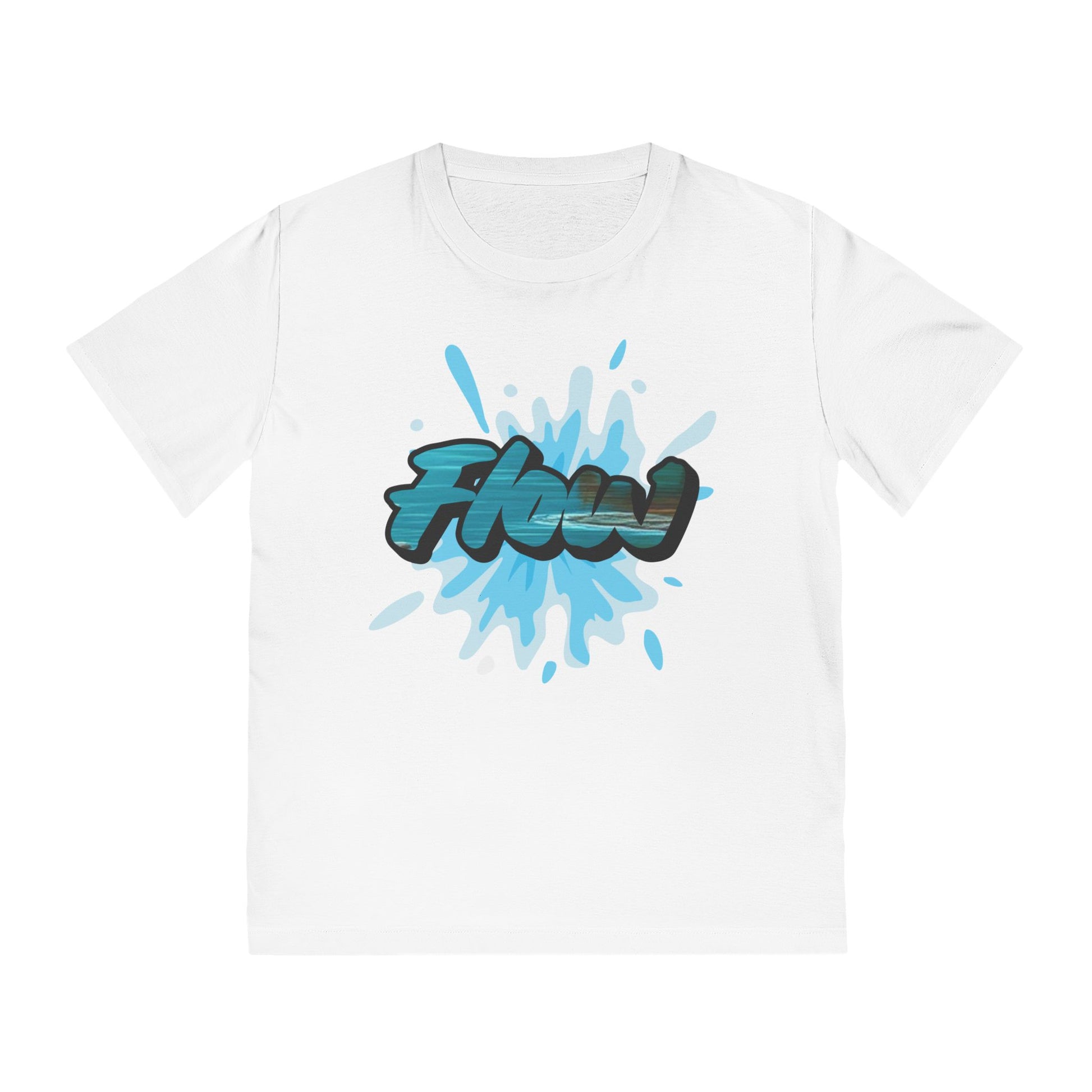 White t-shirt with 'flow' graphic design on a white background