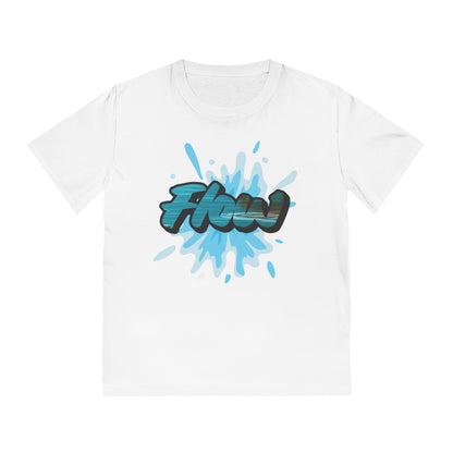 White t-shirt with 'flow' graphic design on a white background