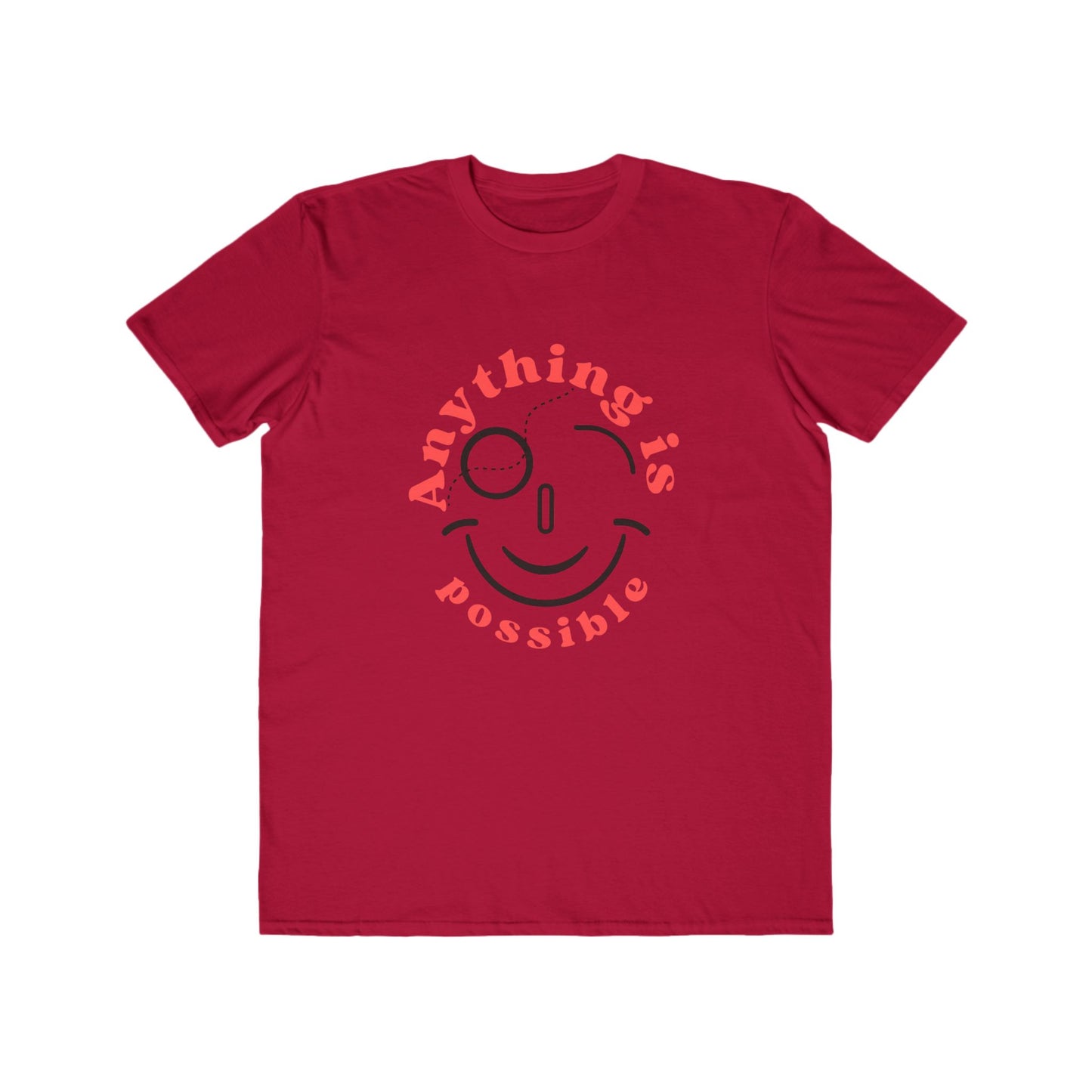 Red t-shirt with a smiley face and 'Anything is possible' text on a white background