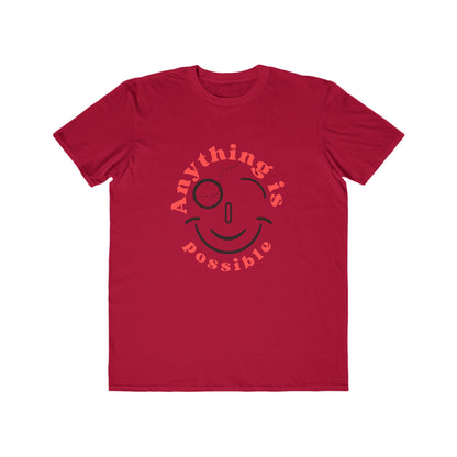 Red t-shirt with a smiley face and 'Anything is possible' text on a white background