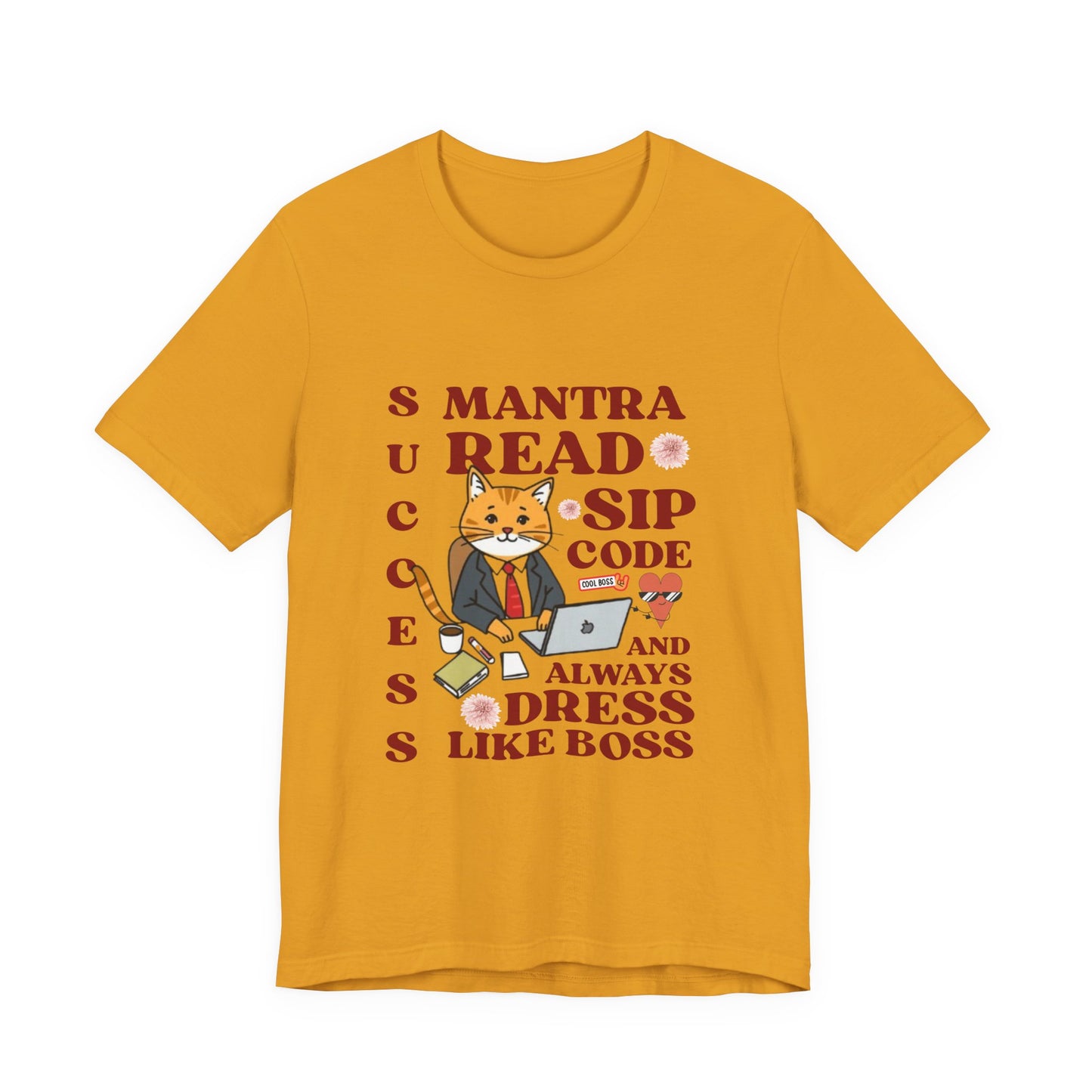 Yellow t-shirt with a graphic of a cat and text on a white background