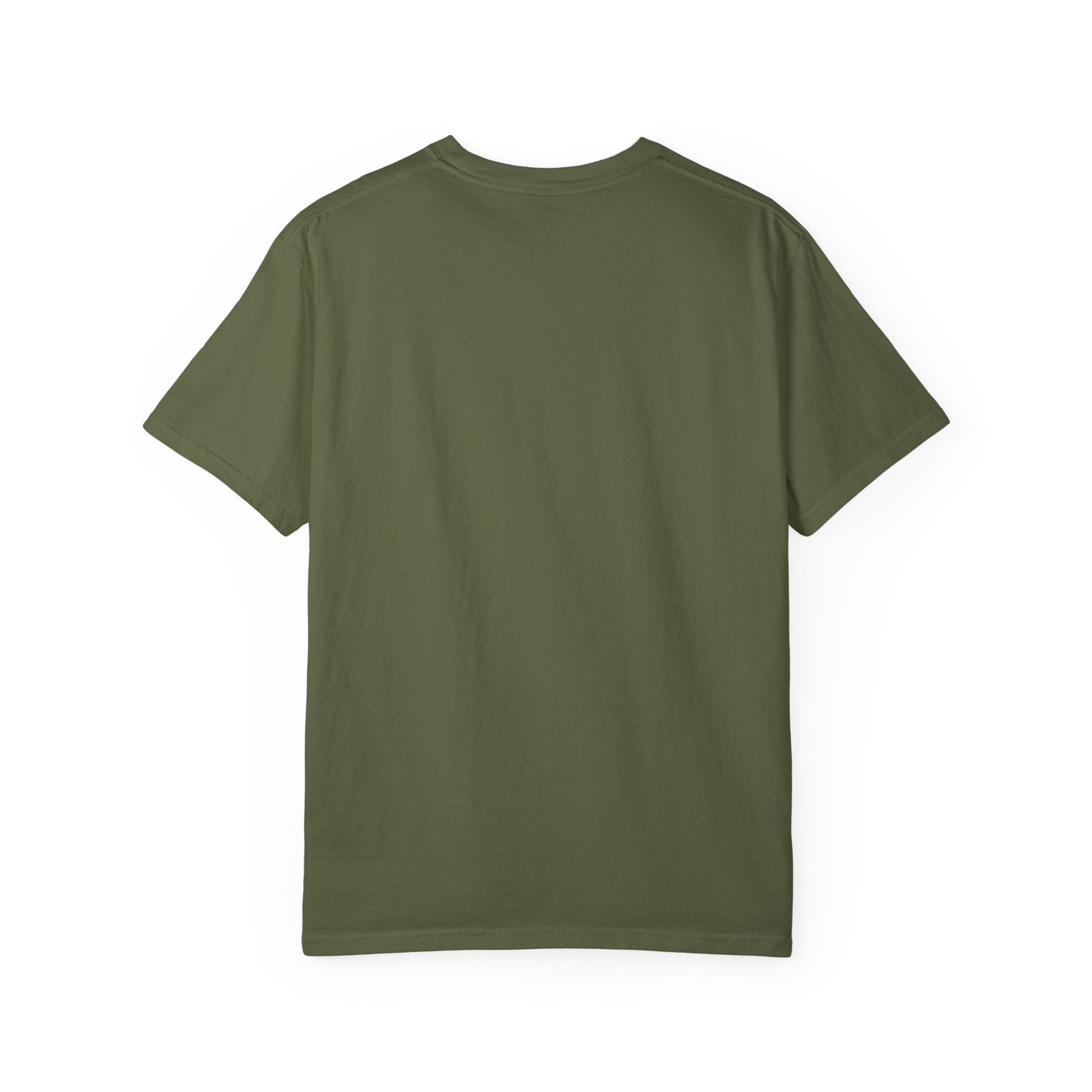 Rear view of plain back side garment-dyed t-shirt