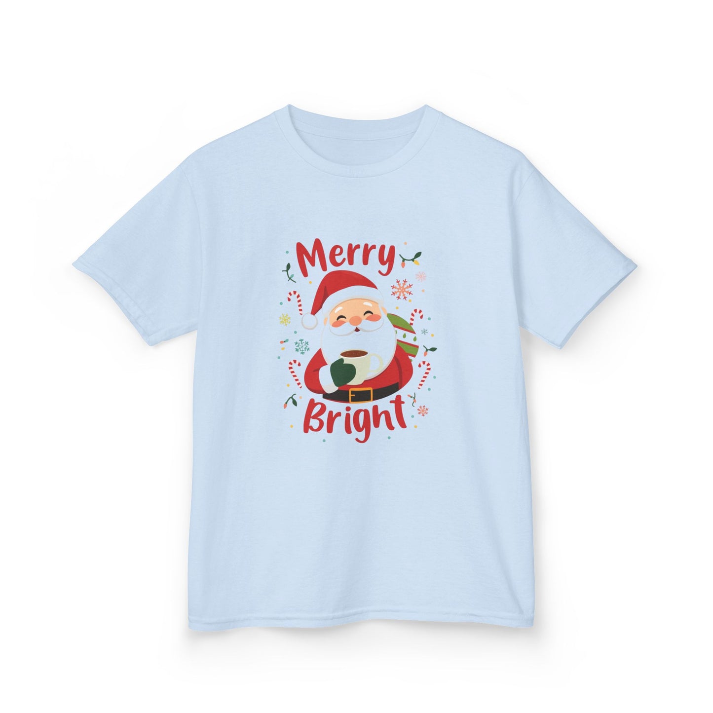 Light blue t-shirt with a Christmas-themed design featuring Santa Claus on a white background