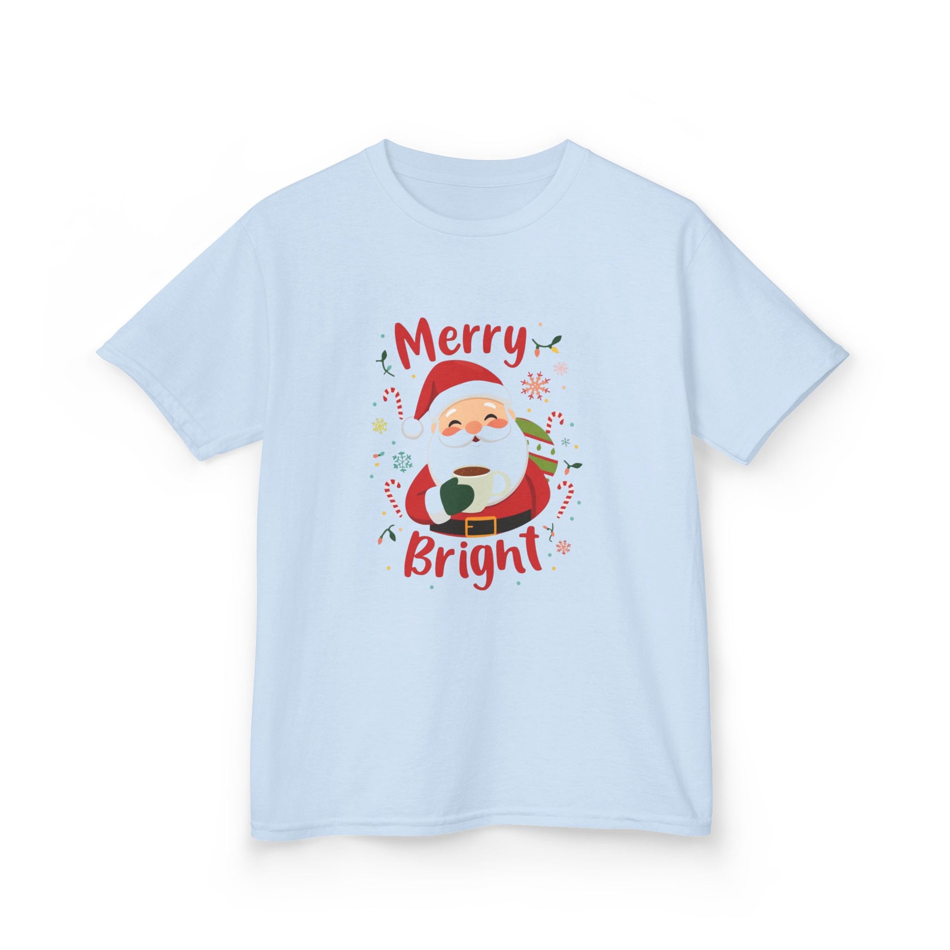 Light blue t-shirt with a Christmas-themed design featuring Santa Claus on a white background