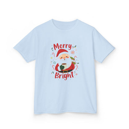 Light blue t-shirt with a Christmas-themed design featuring Santa Claus on a white background