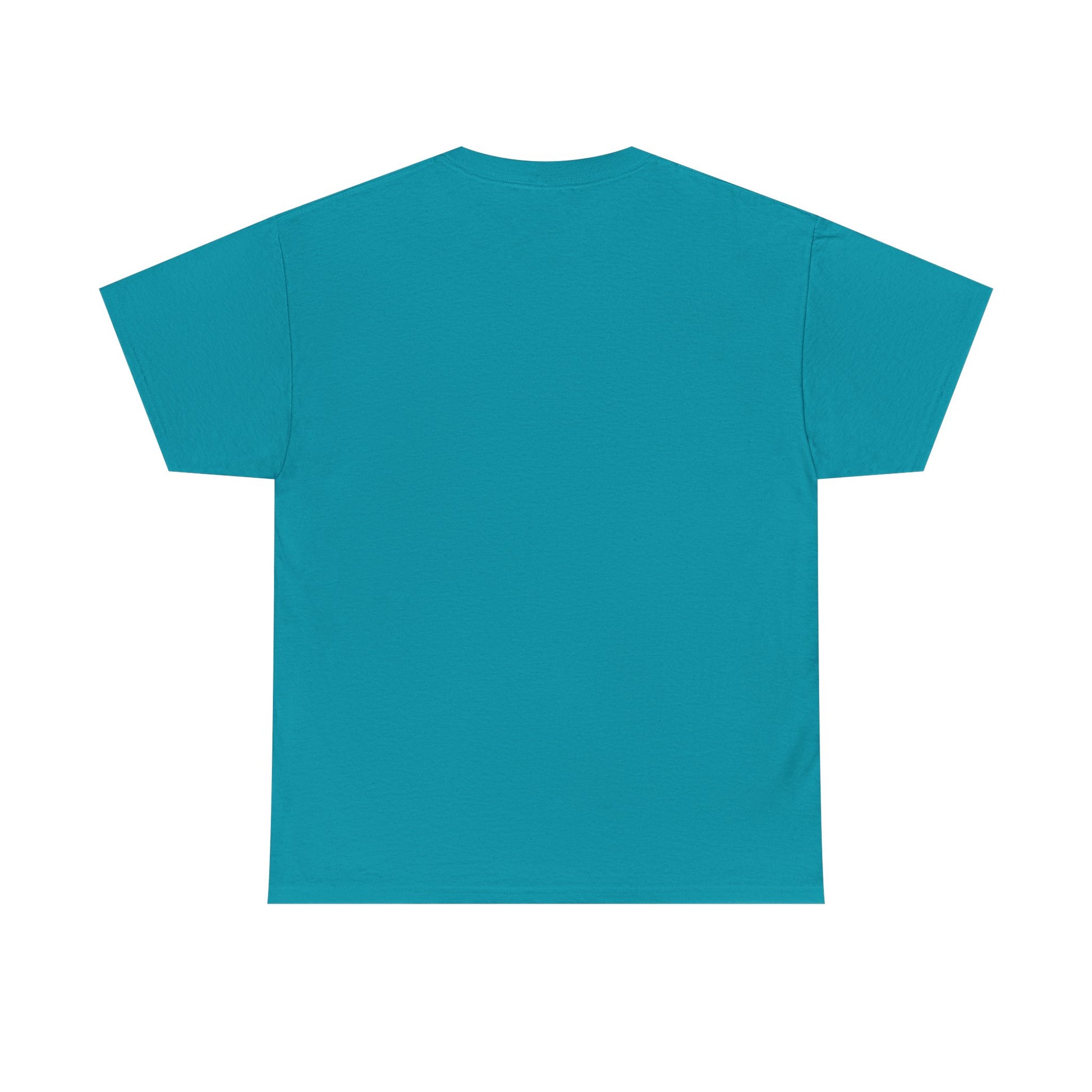 tropical blue t-shirt shown from the back on a white background