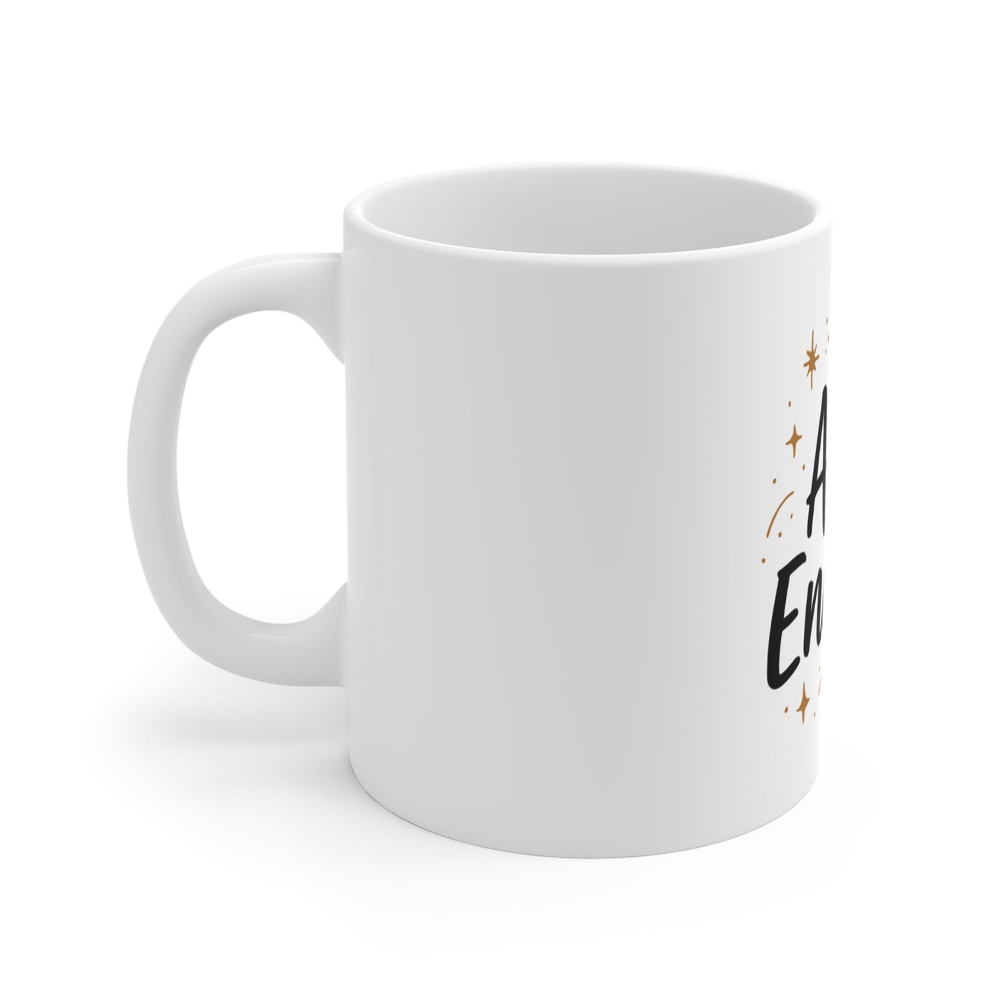 White mug with text and design on a white background