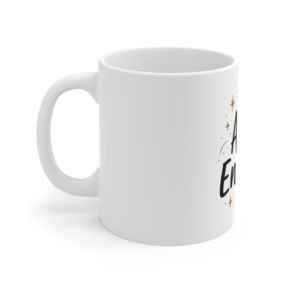 White mug with text and design on a white background