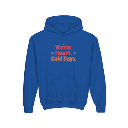 Blue hoodie with 'Warm Heart, Cold Days' text on a white background