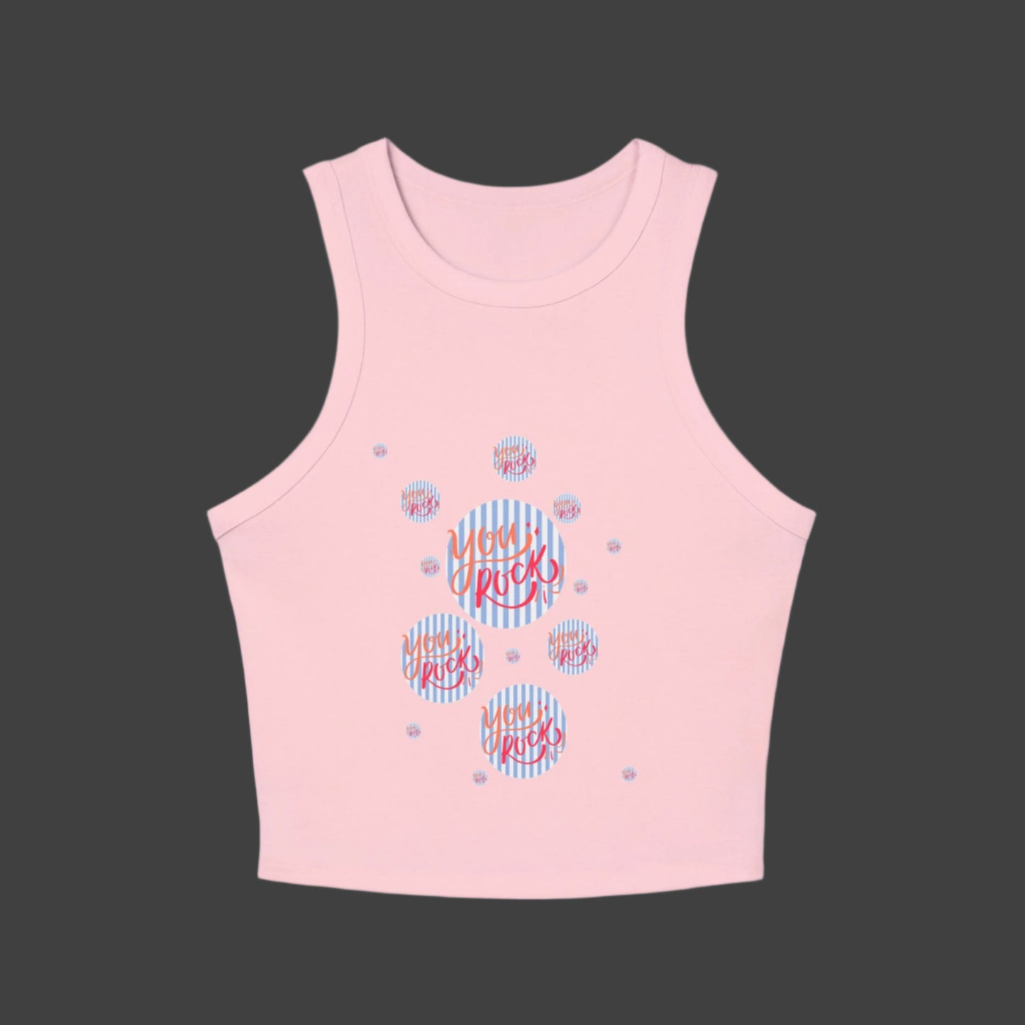 women's  micro rib racer back top with the phrase you rock printed in bold and stylish font on the front