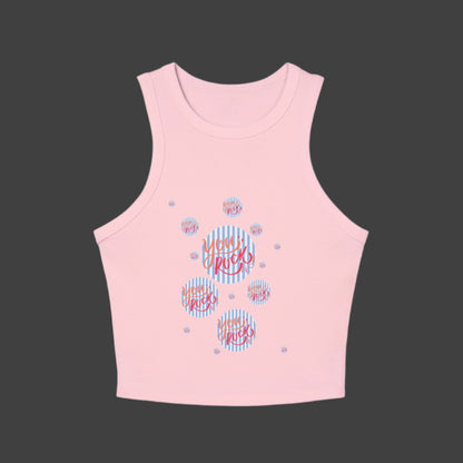 women's  micro rib racer back top with the phrase you rock printed in bold and stylish font on the front