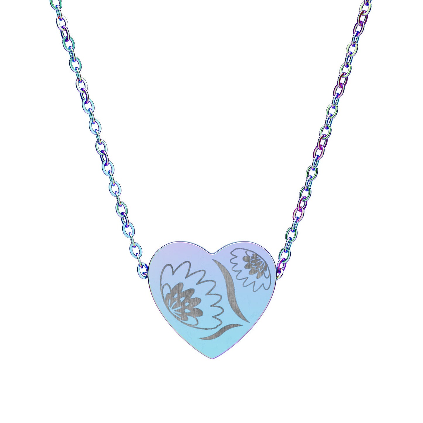 Heart-shaped pendant with floral design on a colorful chain against a white background