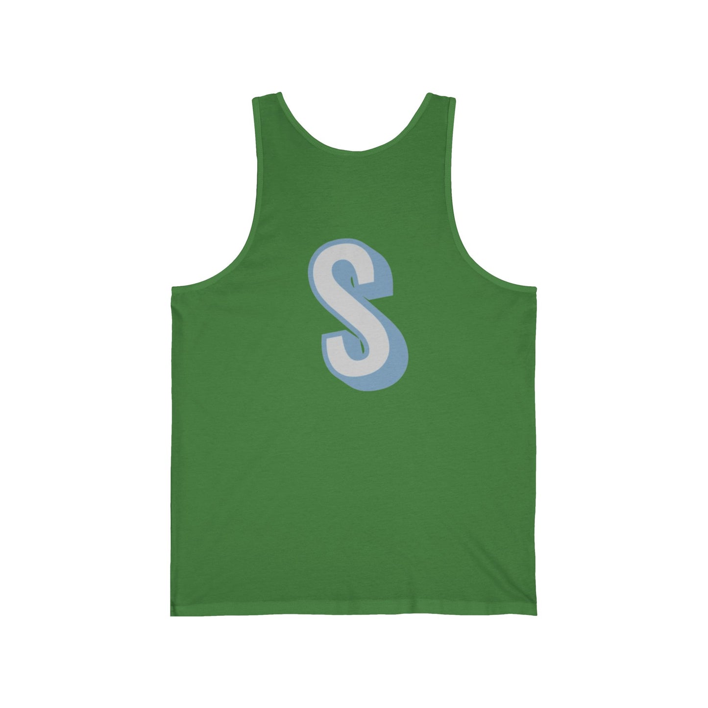Unisex tank top with a blue 'S' on a white background