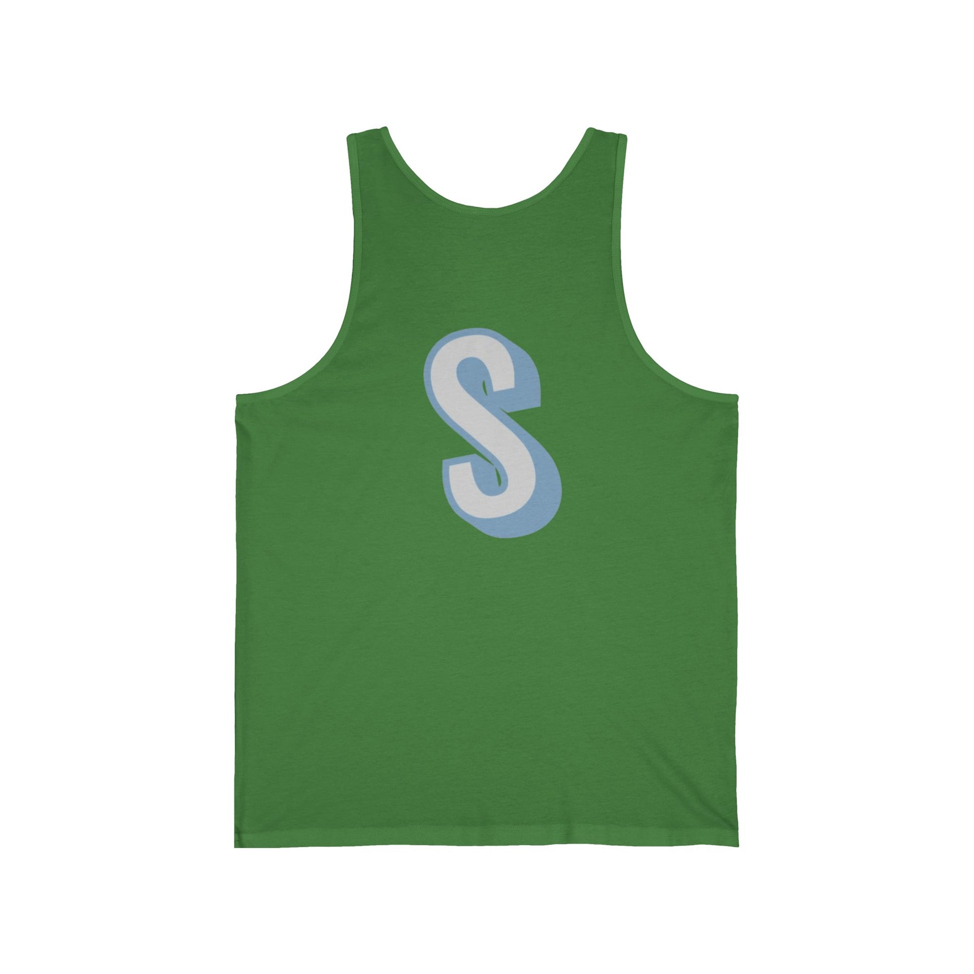 Unisex tank top with a blue 'S' on a white background