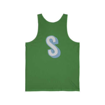 Unisex tank top with a blue 'S' on a white background