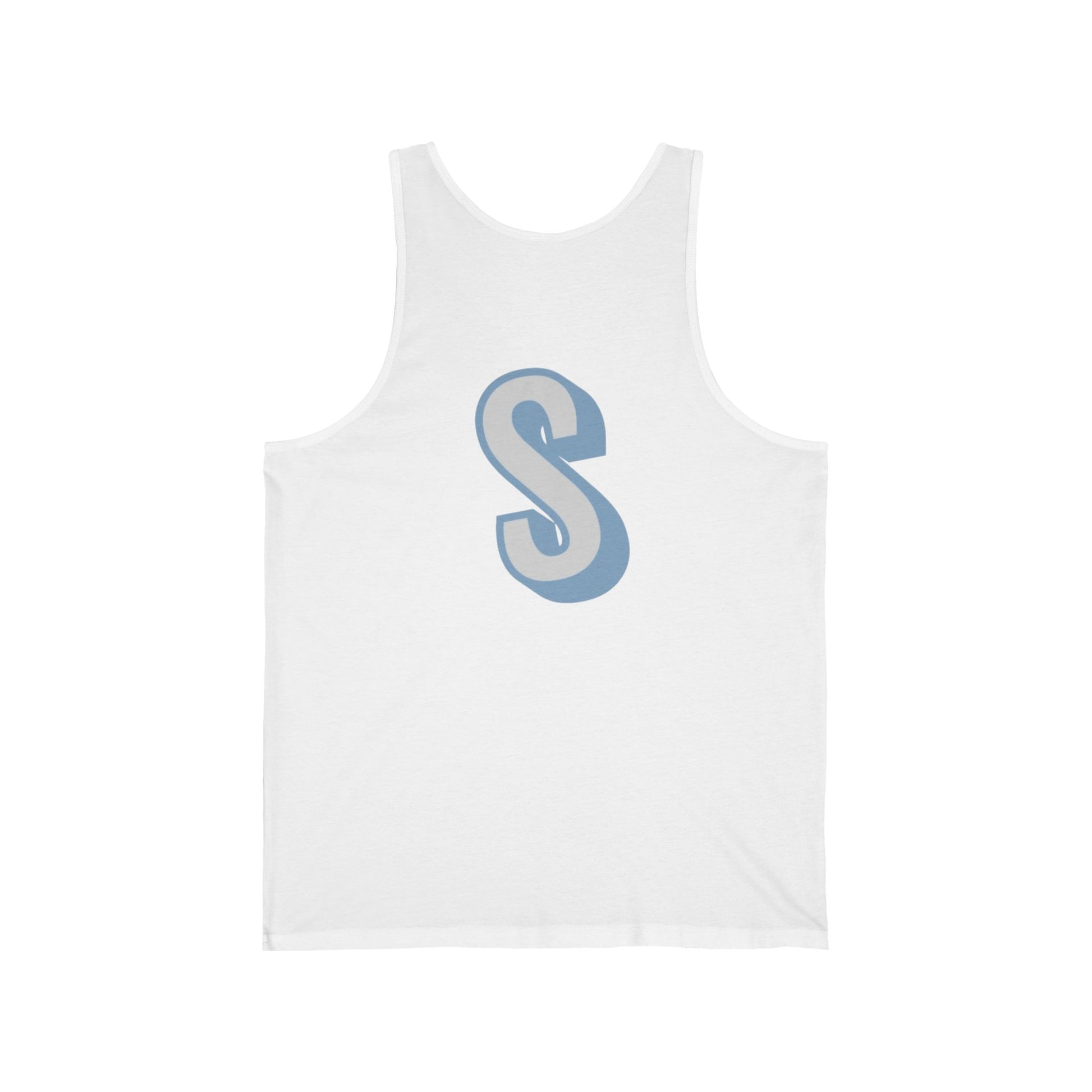 White tank top with a blue 'S' on a white background