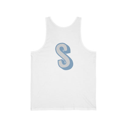 White tank top with a blue 'S' on a white background