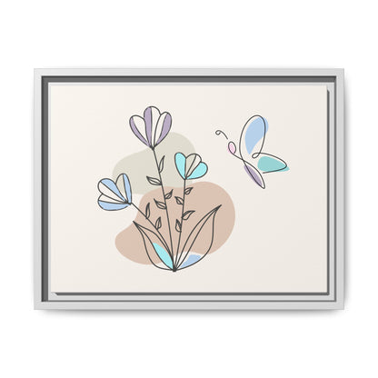 Framed artwork with abstract flowers and butterfly on a beige background