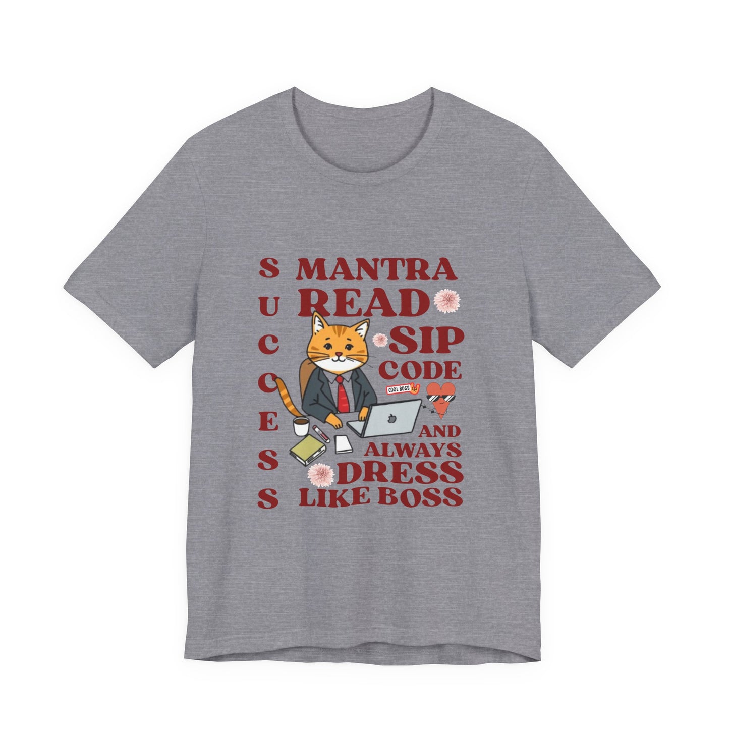 Gray t-shirt with a graphic of a cat and text on a white background