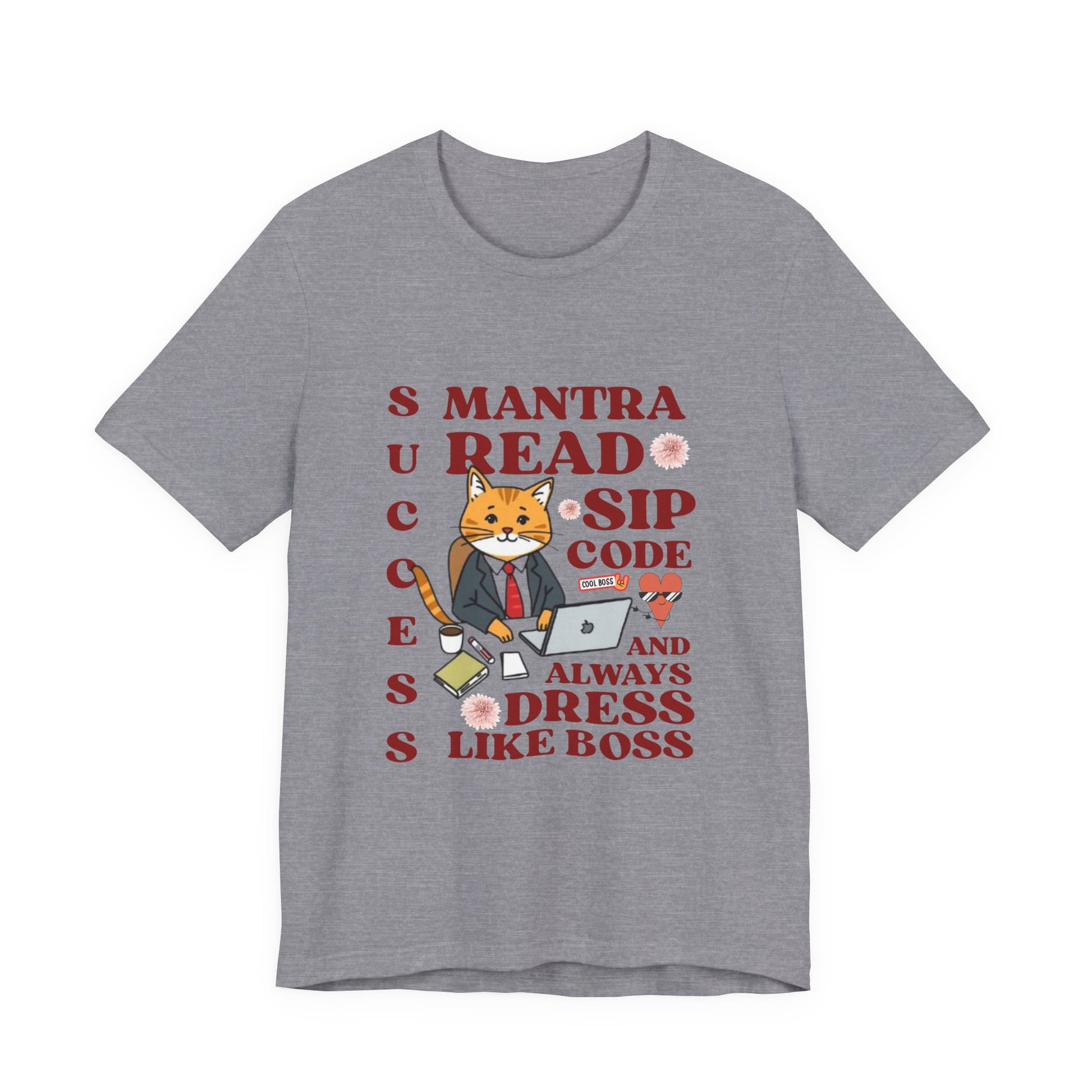 Gray t-shirt with a graphic of a cat and text on a white background